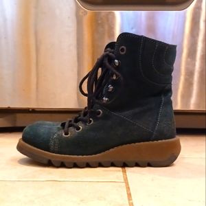 Fly London Blue Green Suede Combat Boots 36 wedge Like New